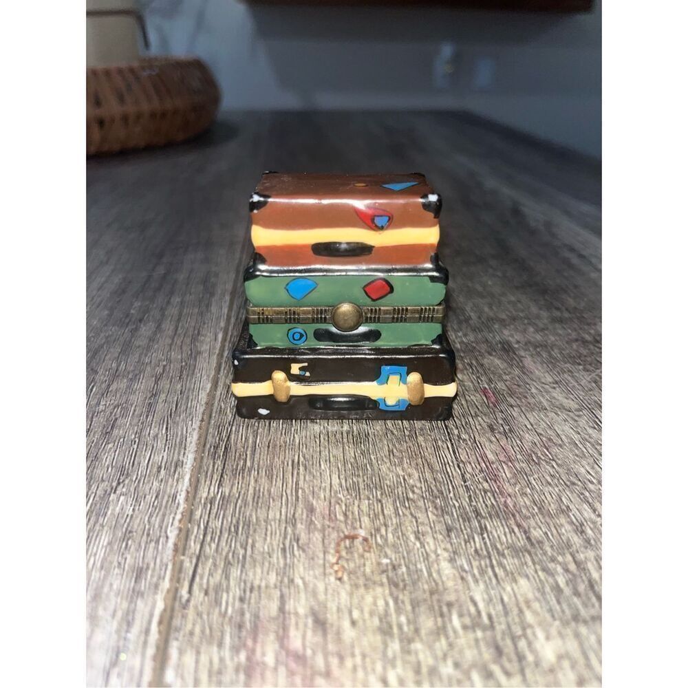Vintage Porcelain Suitcase Luggage Hinged Trinket Box 2.25"